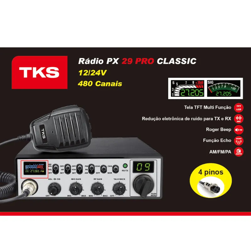 Rádio PX TKS 29 PRO: Redução de Ruído e Viva-Voz VOX